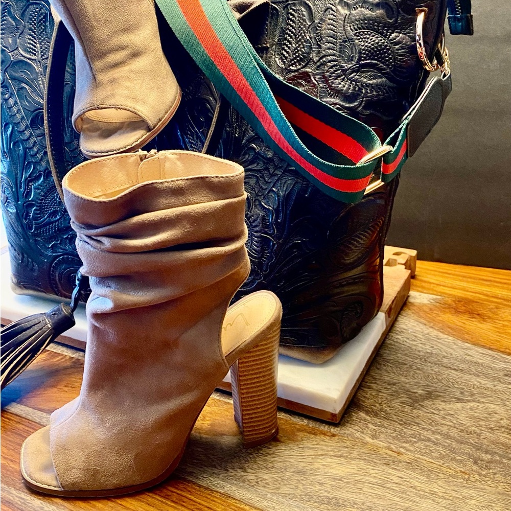 Tan Suede Peep-Toe Block Heeled Ankle Booties